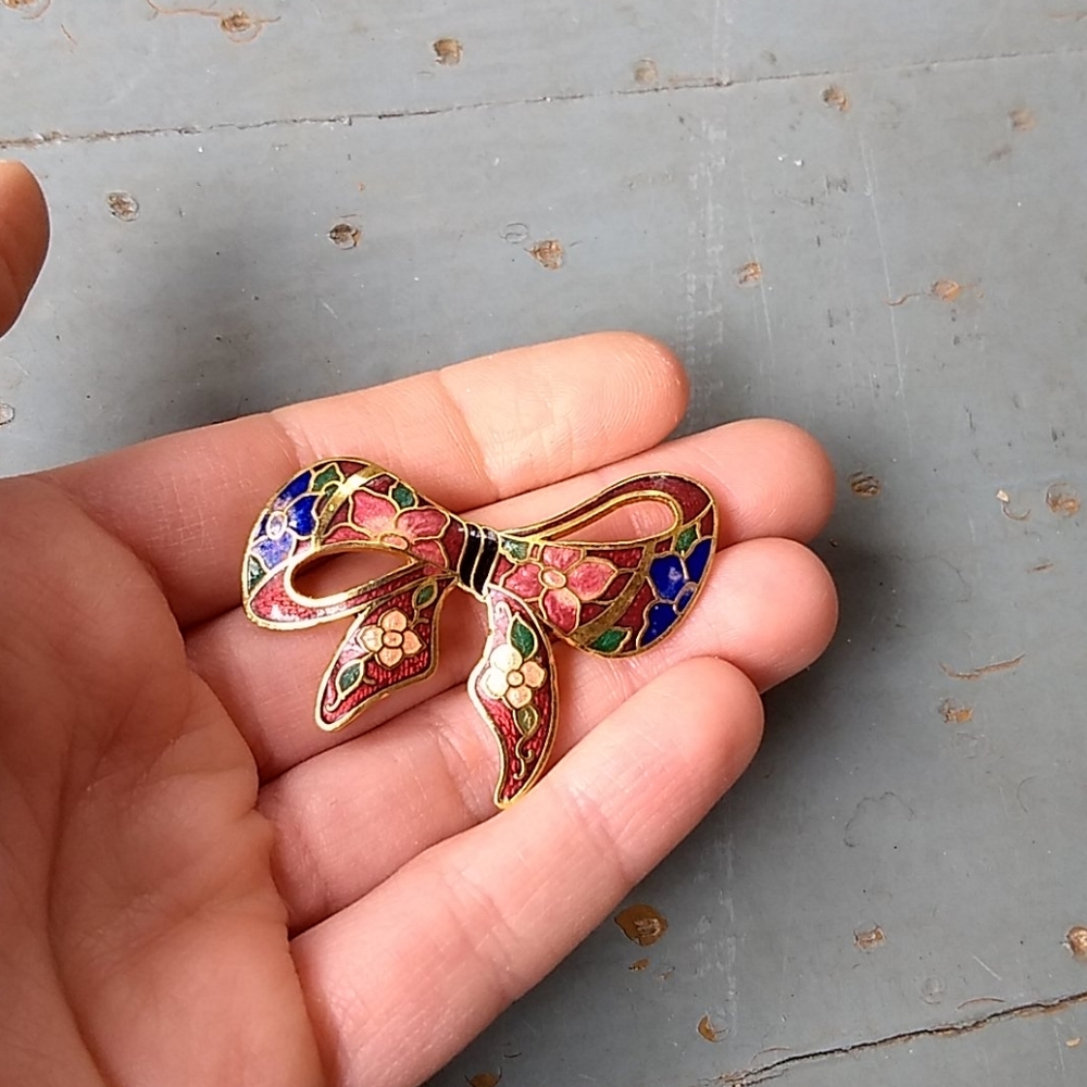 Vintage cloisonne bow brooch - Picture 2 of 3